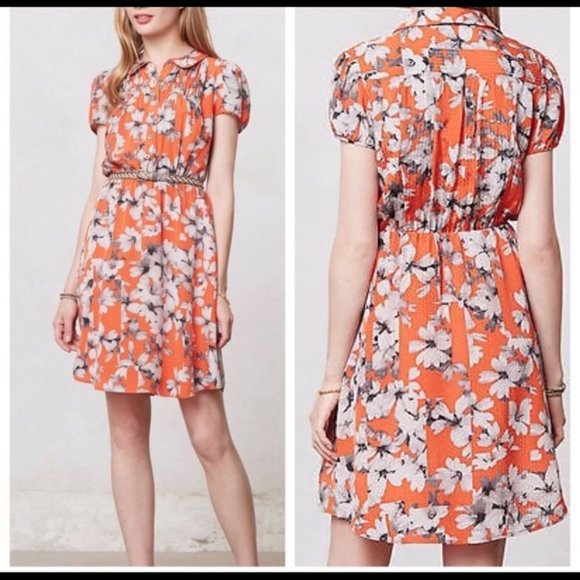 Anthro Maeve Floral Spectrum Orange Day Dress, 14